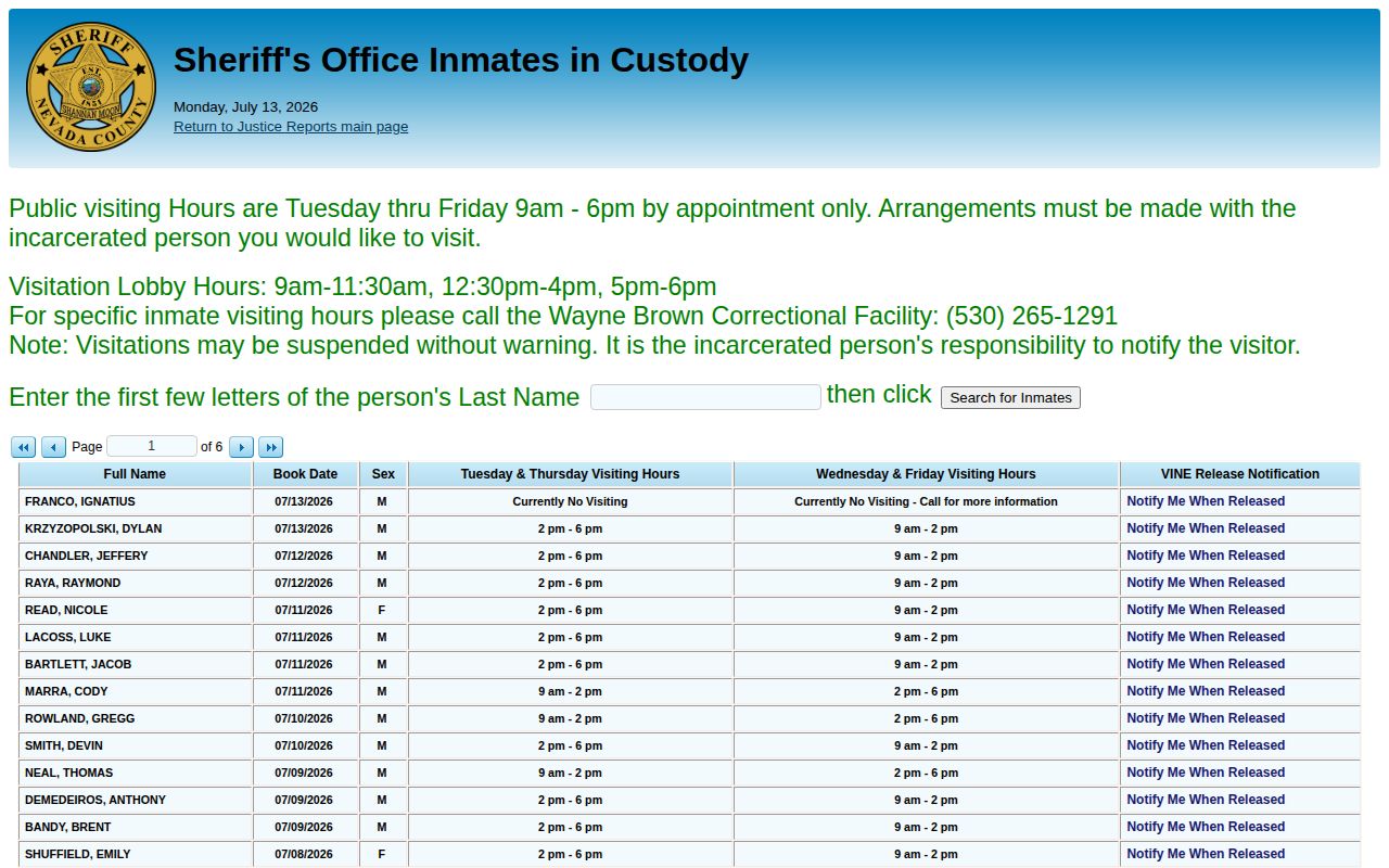 Nevada County current-custody report with VINE notification links, distinct from release entries