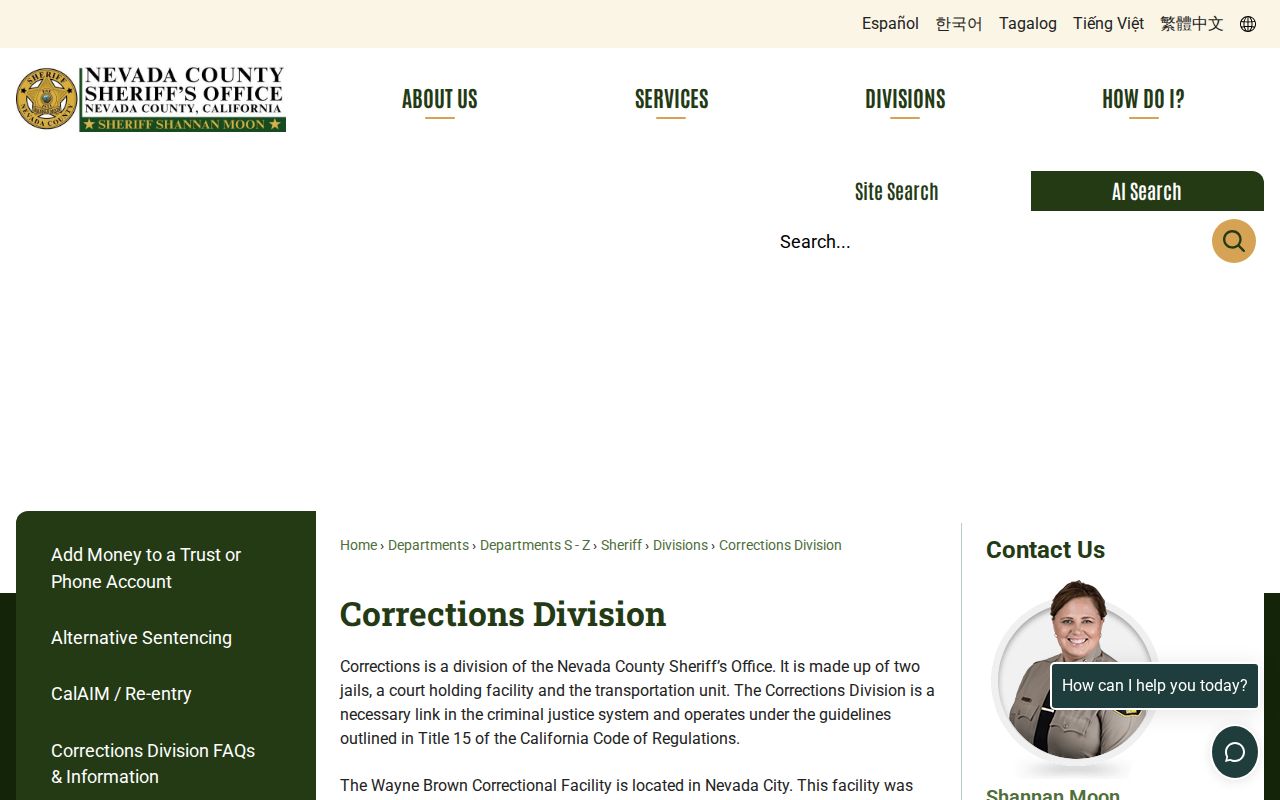 Sierra County released inmates Nevada County Corrections Division release path