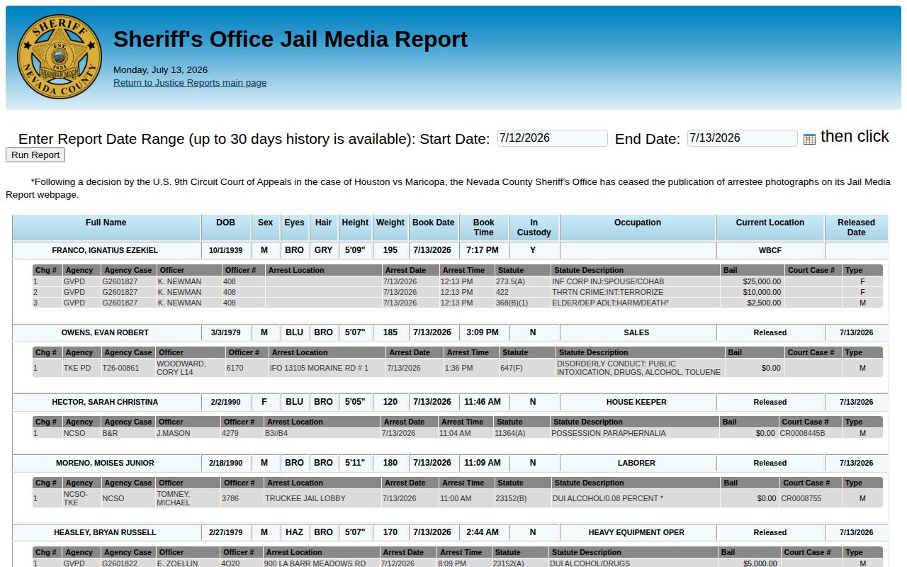 Nevada County Jail Media Report showing date range controls for release-capable records