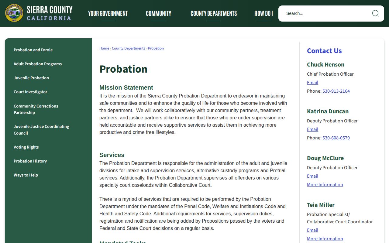 Sierra County post-release supervision probation contact page